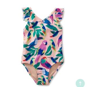 Tea Collection toddler one-piece ruffle sleeve swimsuit, tropical bird, size 5